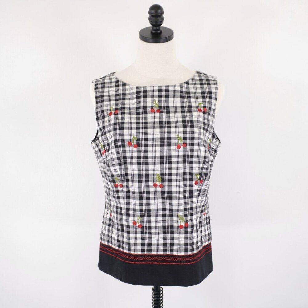 Talbots Stretch Black White Plaid Cherries Sleeveless Lined Top Blouse Size 10